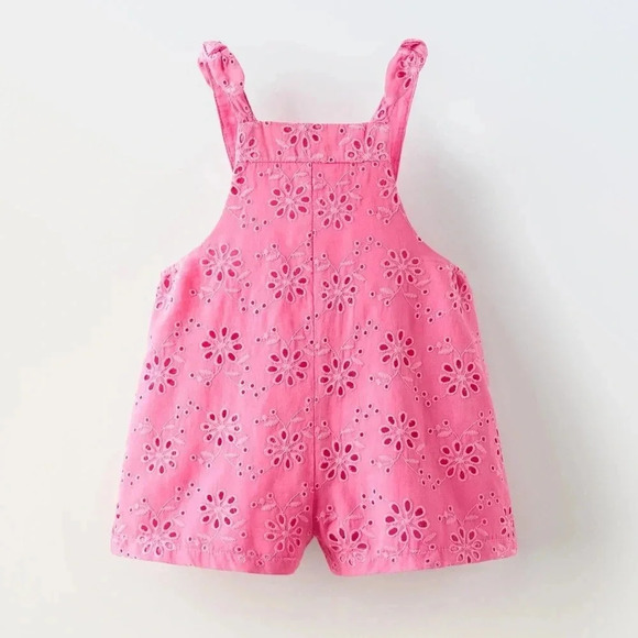 Zara kids romper toddler girl barbie pink eyelet embroidered bow overalls flower - Picture 1 of 5